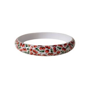 🥳 $5 Bundle Item VTG Red Cherry Design Print Wht Plastic Bangle Size Med
